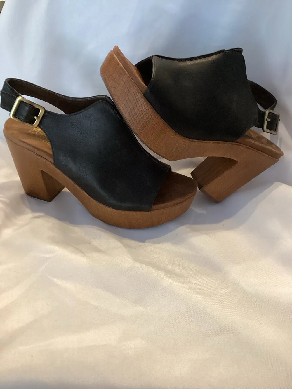 Black Leather Slingback Platform Heels with Wood-Effect Sole